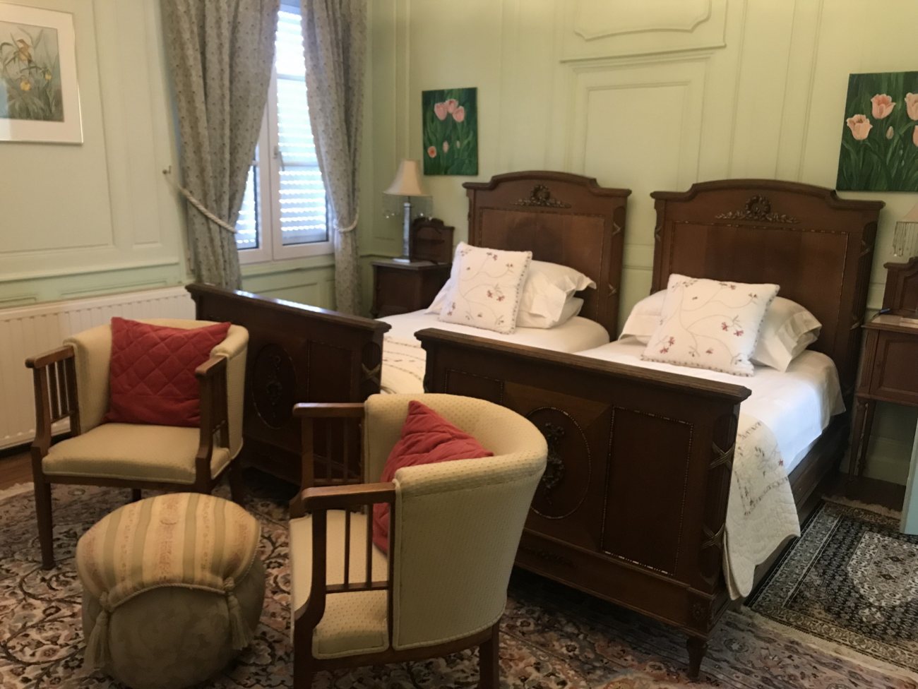 Two single antique french beds with hand made bespoke french quilts and our signature Egyptian cotton linens.
